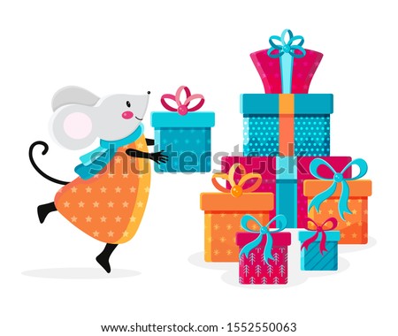 Cute kawaii mouse next to a big pile of cheese. Funny rat holding a piece of cheese. Christmas and new year card or banner. Children illustration flat vector.  Symbol 2020