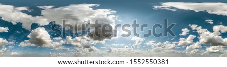 blue sky with beautiful clouds in sunny day. Seamless hdri panorama 360 degrees angle view with zenith for use in 3d graphics or game development as sky dome or edit drone shot