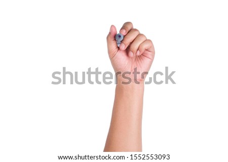 Close up of Left hand is holding a pen and showing gestures to write something on the glass, front view. Isolated on white background with clipping path.