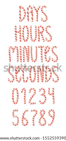 Cartoon vector illustration Christmas Candy Cane. Hand drawn font. Actual Creative Holidays sweet alphabet and words DAYS, HOURS, MINUTES, SECONDS and numbers