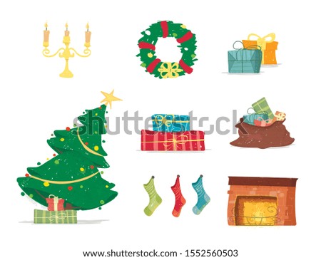 Design Elements Set for Merry Christmas and Happy New Year Greeting Card Isolated. Xmas Tree, Gifts, Spruce, Sack, Burning Fireplace, Socks Wreath, Candles Cartoon Flat Vector Illustration Clip Art