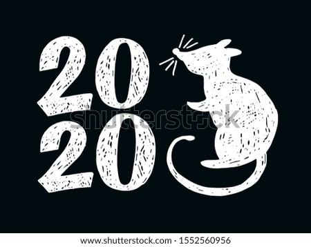 Happy new year 2020 with cute rat - beautiful hand drawn lettering postcard