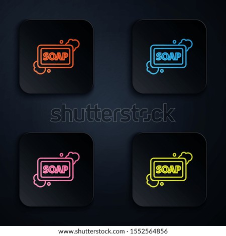 Color neon line Bar of soap with foam icon isolated on black background. Soap bar with bubbles. Set icons in colorful square buttons. Vector Illustration