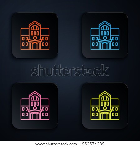 Color neon line School building icon isolated on black background. Set icons in colorful square buttons. Vector Illustration