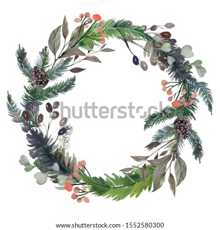watercolor illustration of winter plants. Christmas wreath on a white background, berries, foliage, branches