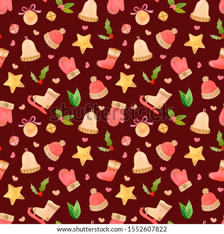 Hand painted watercolor Christmas ( New Year) seamless pattern (background, backdrop, texture) with bells, green leaves, red berries, hat, mitten, vintage skates, golden stars. 