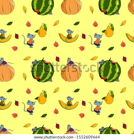 Cute seamless pattern animal mice on pumpkin, watermelon, melon, with pear cartoon hand drawn vector illustration. Can be used for t-shirt print, kids wear fashion design, baby shower invitation card