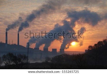Factory pipe polluting air, environmental problems, ecology theme, the smoke from the chimneys Royalty-Free Stock Photo #155265725