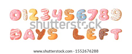 Cartoon vector illustration donut. Hand drawn drawing sweet bun. Actual Creative art work bake and word DAYS LEFT and numbers
