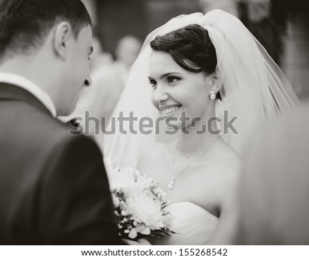 bride meets groom on a wedding day, black and white Royalty-Free Stock Photo #155268542