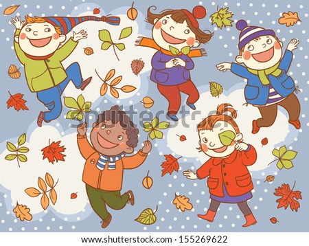 Happy Kids playing in Autumn Background with the Tree Leafs. Great Isolated objects can be use for school children book , advertising , post cards and etc. VECTOR.