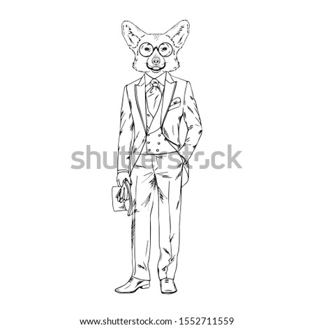 Humanized Welsh Corgi breed dog dressed up in vintage outfits. Design for dogs lovers. Fashion anthropomorphic doggy illustration. Animal wear suit, tie bow, glasses, bowler hat. Hand drawn vector.