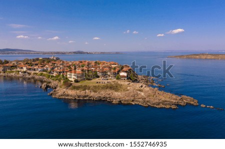 Panoramic view of the old town of Sozopol from a great height. Aerial drone shot