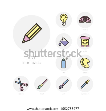 Set of blue, red, yellow, ping and purple icons or signs for web and presentations in grey rounds. Original simple icons with bold grey stroke about art. 