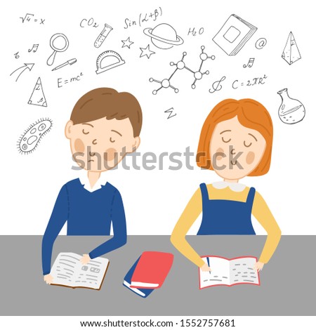 Schoolgirl and schoolboy sitting at the desk studying in school. Childrens reading the book and writing in copybook at the table. Doodle hand drawn study elements. Flat cartoon education background.