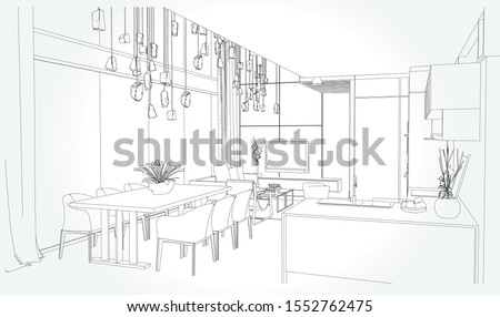 Linear sketch of an interior. Sketch Line living room . Vector illustration.outline sketch drawing perspective of a interior space