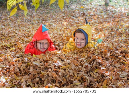 children lie in the leaves in autumn park. Children play outdoors on a sunny fall day. Boy and girl running together hand in hand in a forest.Family fun outdoor