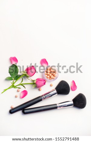 Professional makeup tools, flatlay on white background