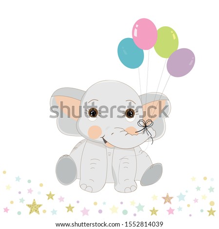 Cute baby elephant with colorful balloon. First birthday greeting card. One. Birthday invitation. Party greeting card. Baby shower, fashion for fabric design
