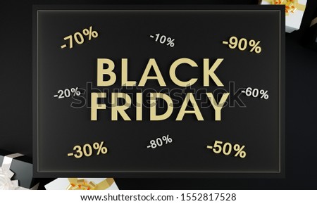 Black friday sale promotional banner on black background and gold sign with present boxes.  Black friday sale concept. Sales and discounts concept. 
