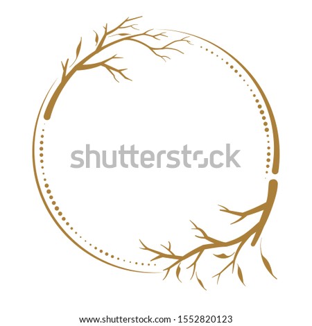 Vector round dotted frame with autumn branches decoration. Fall season vintage style template.