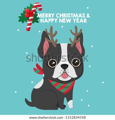 vector Icon Christmas french bulldog. Image dog french bulldog with Christmas deer horns. Illustration New year puppy in flat style