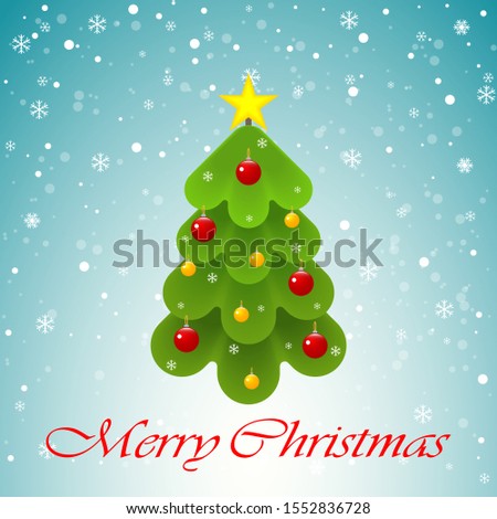 Decorated christmas tree with star, snowflakes,  balls isolated on a blue background. Merry Christmas and happy new year. Vector illustration