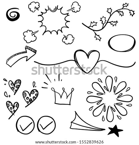 doodle set elements, black on white background. Arrow, heart, love, star, leaf, sun, light, flower, daisy, crown, king, queen,Swishes, swoops, emphasis ,swirl, heart.line art cartoon style vector