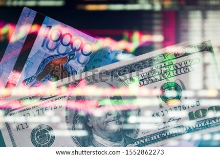 Money on the chart quotes. Tenge with dollar on the trading chart. Analysis of the currency pair tenge to dollar. Depreciation. Play on the exchange with Kazakhstan tenge KZT, currency market, stock