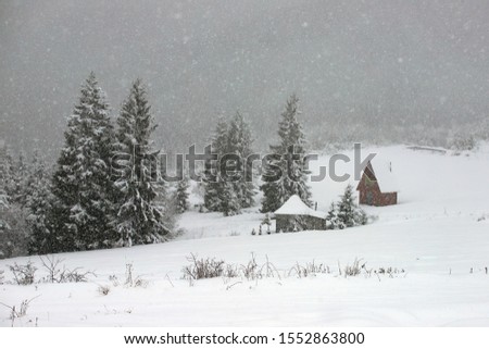 Small wooden hut in winter forest in heavy snowfall.