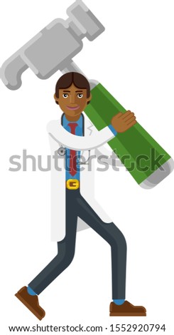 An Asian  doctor cartoon character mascot man holding a big hammer business concept 