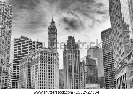 Skyline of Chicago, b/w picture.