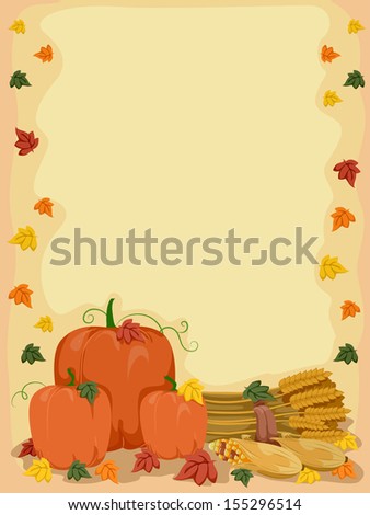Background Illustration of Pumpkins, Wheat Stalks, and Corn Surrounded by Autumn Leaves