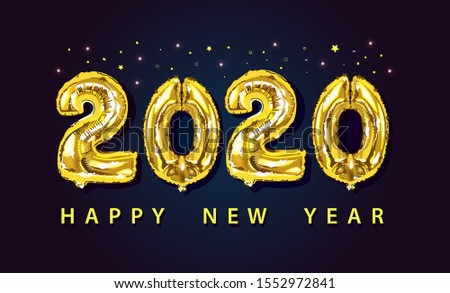 Happy New 2020 Year. Holiday vector illustration of golden metallic numbers 2020 on dark background