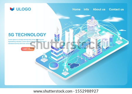Isometric smart city and 5G technology info graph network on smartphone. Vector illustration in 3d design. Royalty-Free Stock Photo #1552988927