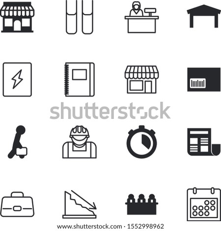business vector icon set such as: science, repairman, timer, message, encyclopedia, factory, digital, table, showcase, application, cargo, presentation, storefront, female, bar, negative, barcode