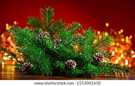 Fir Branches with Cones and Christmas Lights