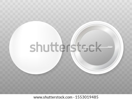Pin badges. White round blank button. Souvenir magnet badging mockup. Vector stock illustration.