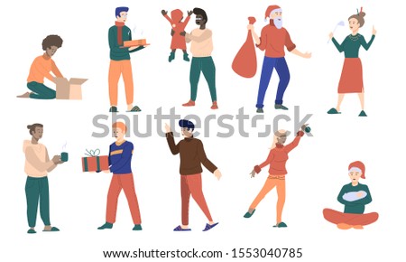 Set of christmas vector illustration characters. Men and women preparing and celebrating new year or christmas.Cartoon colorful flat vector illustration isolated on white background