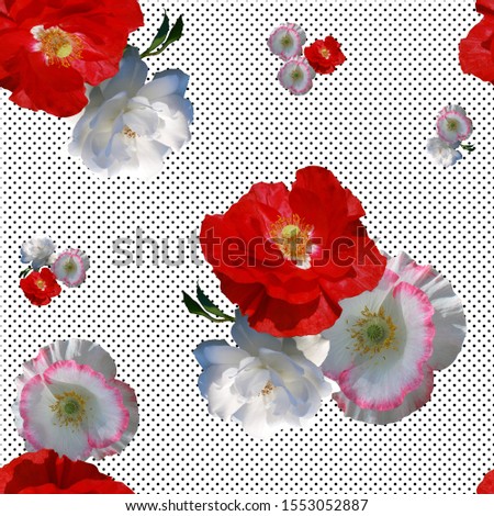 Bouquet poppies on white background with spots . 3d seamless pattern.