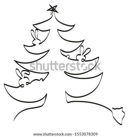 Christmas tree with hares and a wolf according to a poem by Agnia Barto. Hares hid from a predator, a fox is on the trail. A tree with a star in the forest. Animals in the snow. Toys rabbits at birth