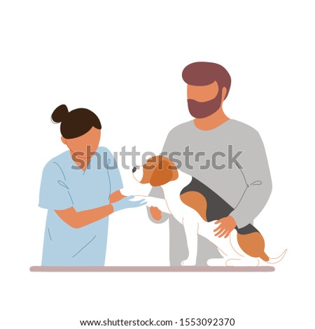 Female veterinary examining beagle. Owner assisting the vet in examination of his dog, holding him and cuddling. Flat modern trendy style.Vector illustration character icon.