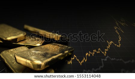 3D illustration of gold ingots over black background with a chart. Financial concept, horizontal image. Royalty-Free Stock Photo #1553114048