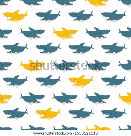 Shark seamless pattern. Childish vector background in simple scandinavian cartoon style. Contrasting blue yellow fish on a white background.