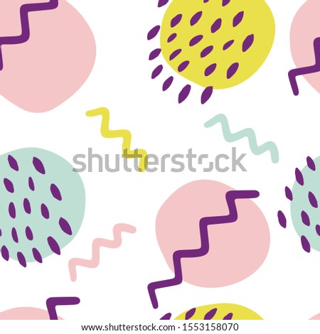 Abstract trendy seamless pattern with different hand drawn shapes in doodle style. Pink, yellow, purple, blue. Ovals and lines. Simple bright wallpaper. Modern textile, packaging, wrapping paper.