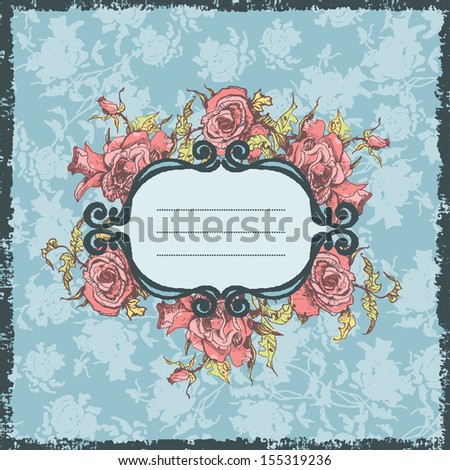 Vintage frame with hand drawn roses. All elements - frame, shabby frame, roses, background are located on separate layers and can be used together or separately. Background pattern is made seamless.