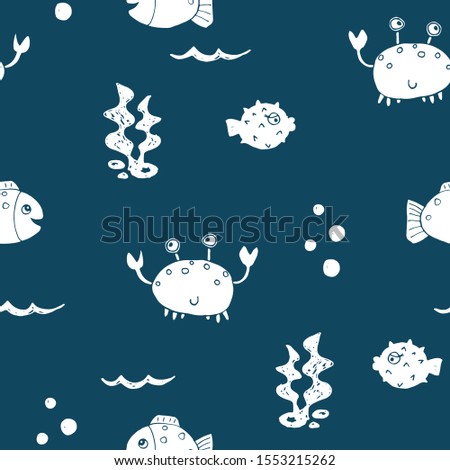 Cute Crab and fishes Seamless Pattern, Cartoon Hand Drawn Animal Doodles Vector Illustration Background .