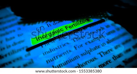 inorganic fertilizer farming related text displayed on blue background with highlights 