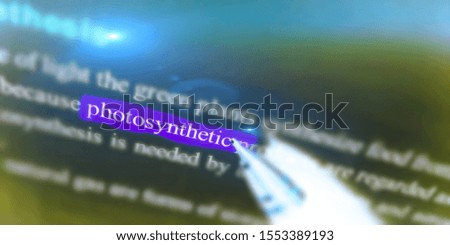 photosynthetic text written on blue highlights abstract background 
