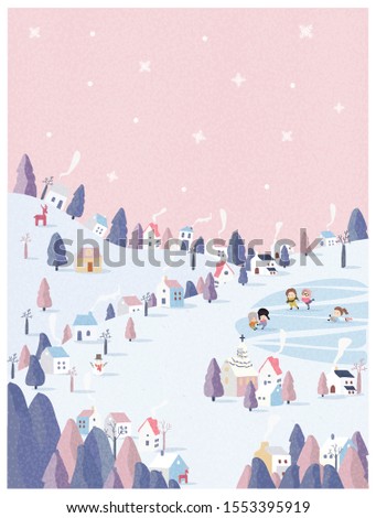 vector illustration of winter wonderland in pink pastel background.The cute small village in Christmas day with snow.Kids playing iced skating with snowman and snowball.Minimal winter landscape. Royalty-Free Stock Photo #1553395919